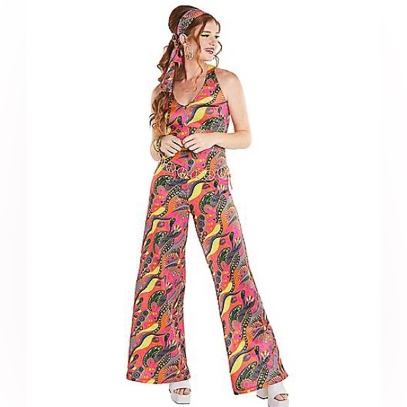 NWT Spirit Womens Large 12-14 Flower Power Jumpsuit Costume 70s Theme Party New - Picture 1 of 5